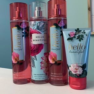 3 bottles of Hello Beautiful body mist and 1 body cream